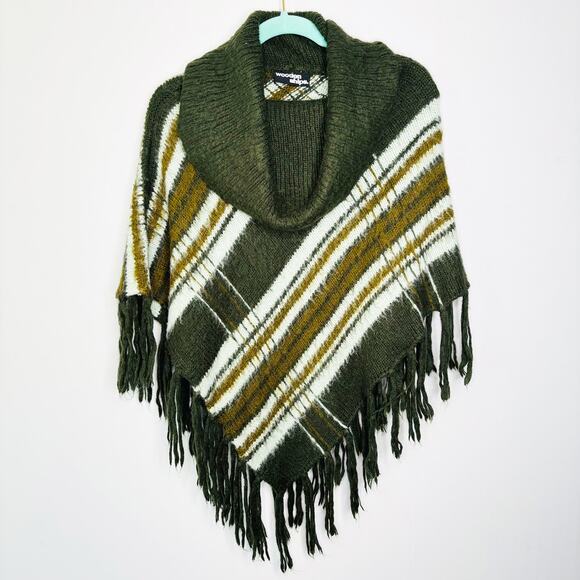 Wooden Ships Mohair Wool Blend Poncho Size S/M Fringed Cowl Neck Green Stripe - Picture 1 of 10